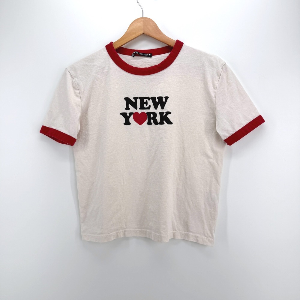 Zara New York Graphic Ringer Y2K Baby Tee Size S Cotton Cream Red Retro T-Shirt